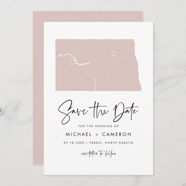  Rosa North Dakota Karta-minimalistskript Spara Datumet (Fram/baksida)