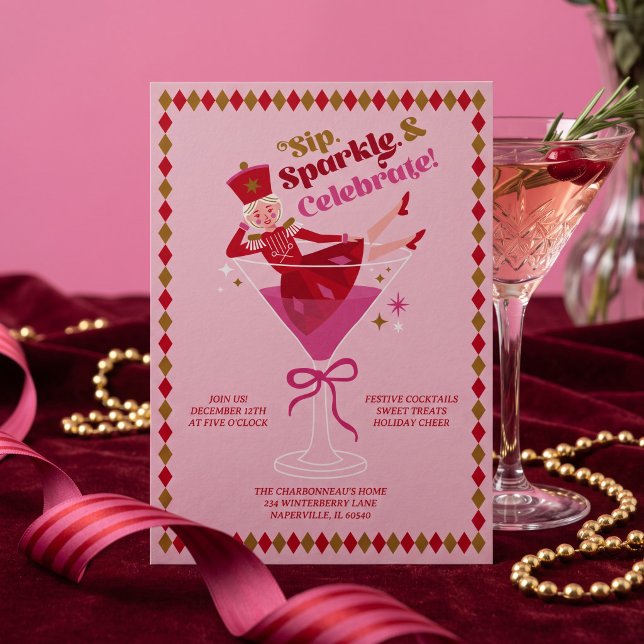 Rosa nötknäpparbalettcocktail julfest  julkort (Pink Nutcracker Ballet Cocktail Christmas Party Holiday Card)