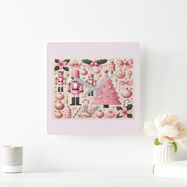 Rosa nötknäppare julgran fyrkantig klocka (Hem)