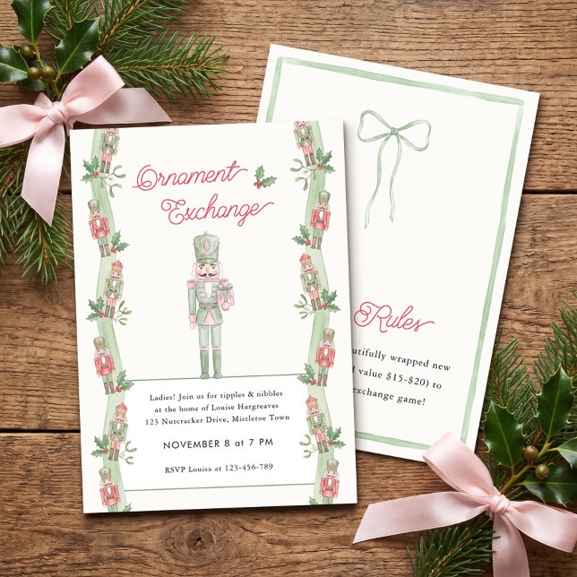 Rosa nötknäppare sage band ornamentutbytesfest inbjudningar (Nutcracker Ribbon Holiday Party Invitation - Preppy Coquette Holiday Collection by Darling & May)