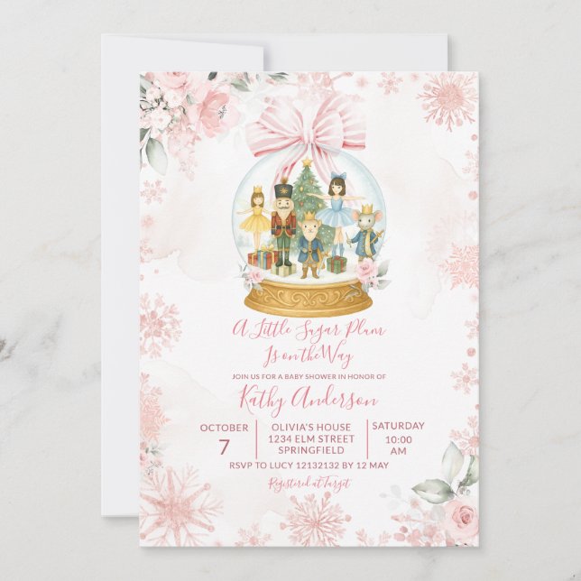 Rosa nötknäppare snöflinga vinter baby shower inbjudningar (Framsida)