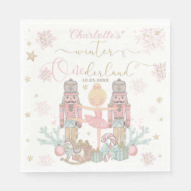 Rosa nötknäppare vinter Onederland 1-årsdag Pappersservett (Framsidan)