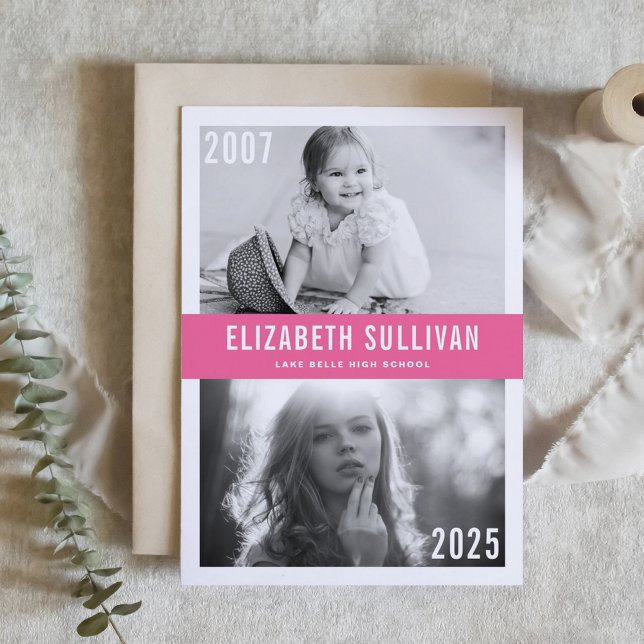 Rosa Nu och då Foto Collage Examen Inbjudningar (Customizable 'Then and Now' Photo Graduation Invitation with pink background – Personalized Invite)