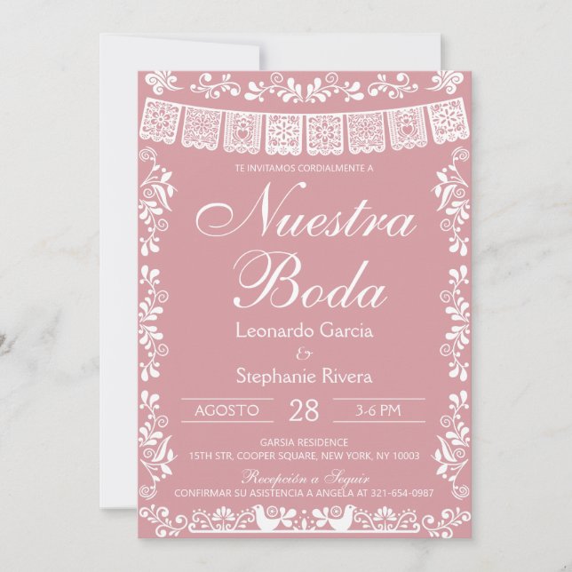Rosa Nuestra Boda Papel Picado Bröllop Inbjudningar (Framsida)