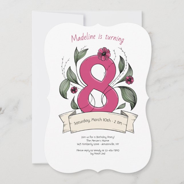 Rosa nummer 8 Födelsedagsfest Inbjudningar (Framsida)