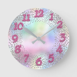 Rosa Nummer Unicorn Glitter Holograph Rund Klocka