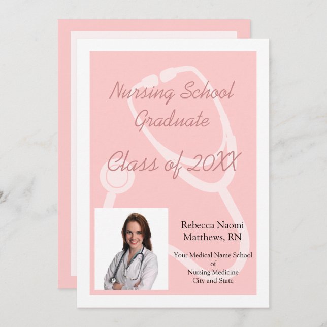 Rosa Nursing School Photo Studenten annons Inbjudningar (Fram/baksida)