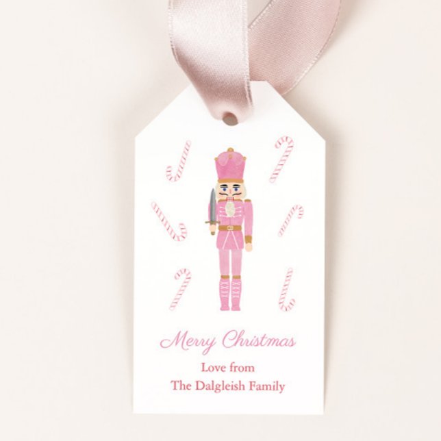 Rosa Nutcracker Ballet Leksak Soldier Glad helg Presentetikett (Nutcracker with pink uniform and candy canes merry christmas gift tags)