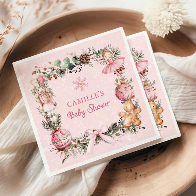 Rosa Nutcracker Girl Baby Shower Papper Pappersservett (Pink Christmas Nutcracker Baby shower paper napkins)