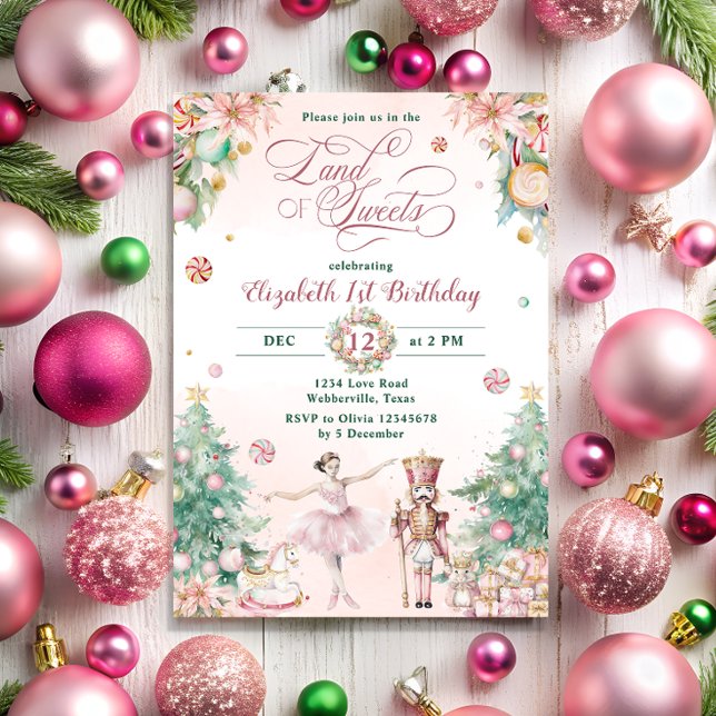 Rosa Nutcracker Land Sweets Winter Birthday Inbjudningar (Skapare uppladdad)