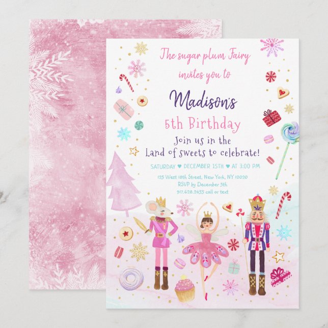 Rosa Nutcracker Land Sweets Winter Birthday Inbjudningar (Fram/baksida)