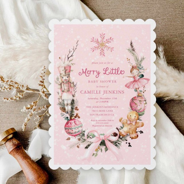 Rosa Nutcracker Merry Little Baby Shower Inbjudningar (Christmas Girl baby shower invitation)