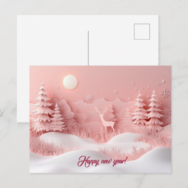 Rosa Nyårsskog för snöskog Vykort (Fram/baksida)