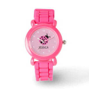 Rosa nyckelpigaklockapersonlig med flickanamn armbandsur