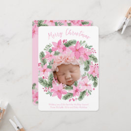 Rosa Nyfödd bebis Photo jul Card Girl Poinsettia Inbjudningar