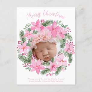 Rosa Nyfödd bebis Photo jul Card Girl Poinsettia Vykort