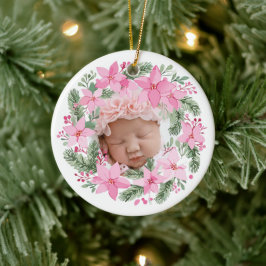 Rosa Nyfödd bebis Photo Jul Girl Poinsettia Julgransprydnad Keramik