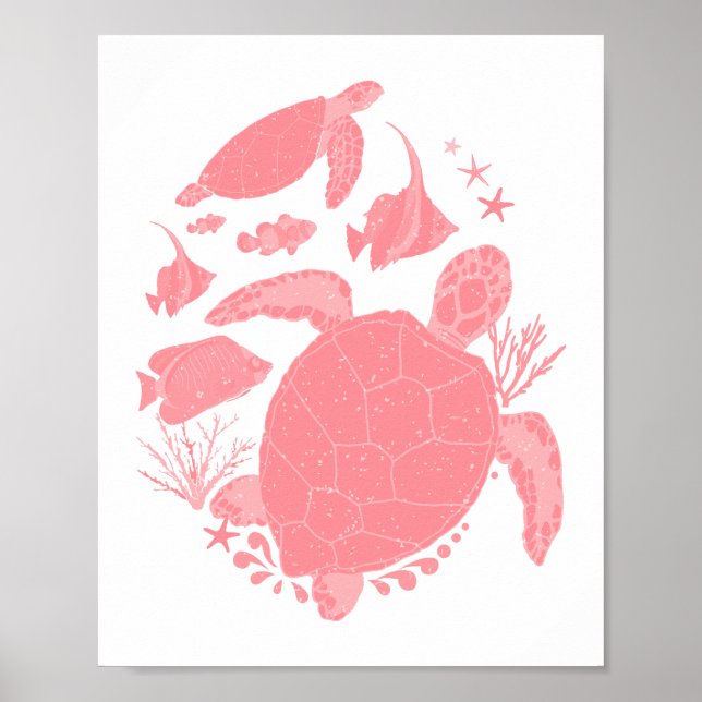 Rosa Oceaniskt Skådespel Fiskar och Sköldpaddor Poster (Framsidan)