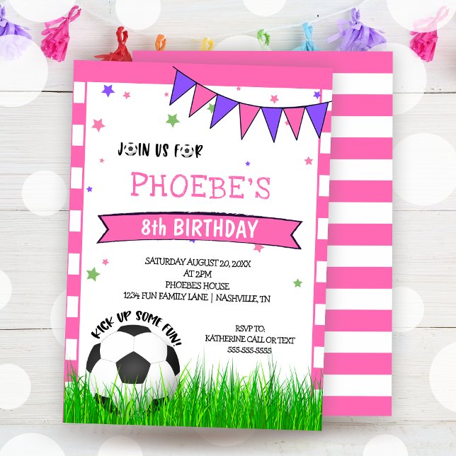 Rosa Ocer Ball Girls Birthday-inbjudan Inbjudningar (Pink Soccer Ball Girls Birthday Invitation)