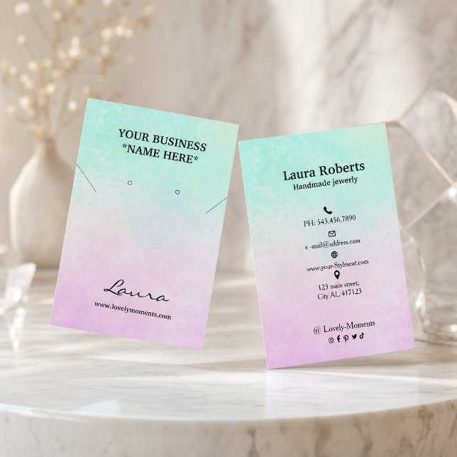 Rosa och akblå akvarell örhänge visitkort (Watercolor stud earring business card )