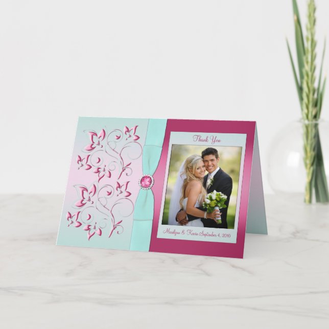 Rosa och akva tacksamhetskort med foto tack kort (Framsida)