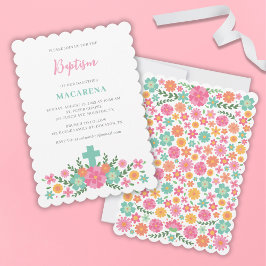 Rosa- och akvariblommor med kor flicka-baptism inbjudningar