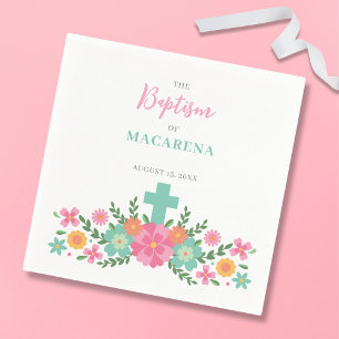 Rosa- och akvariblommor med kor flicka-baptism pappersservett