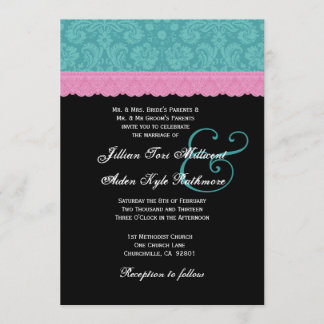 Rosa och Aqua Damask Snöre Bröllop Monogram P524 Inbjudningar