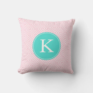 Rosa och Aqua Grekiska Mönster Monogram Nyckel Kudde