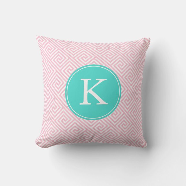 Rosa och Aqua Grekiska Mönster Monogram Nyckel Kudde (Framsida)