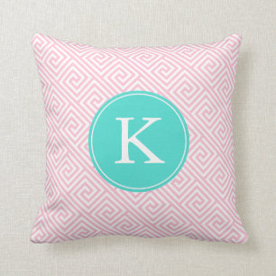 Rosa och Aqua Grekiska Mönster Monogram Nyckel Kudde