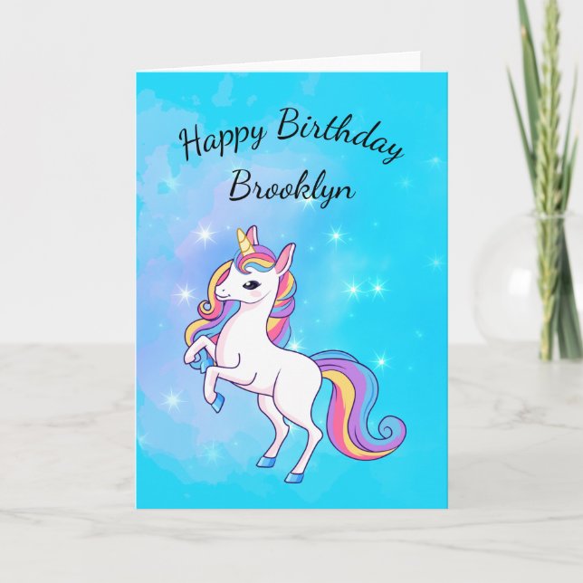 Rosa och Aqua Himlar Magic Unicorn Girly Birthday Kort (Framsida)