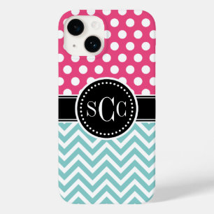 Rosa och Aqua Polka Dot Chevron Monogram