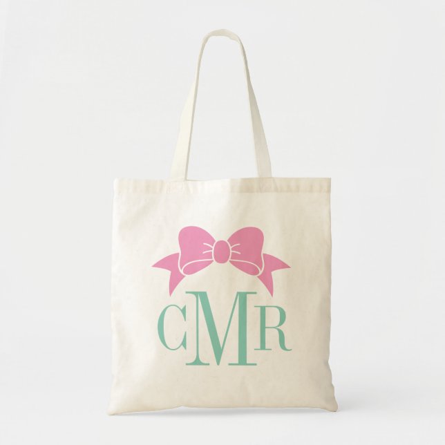 Rosa och Aqua Preppy Bow Monogram Tygkasse (Framsidan)
