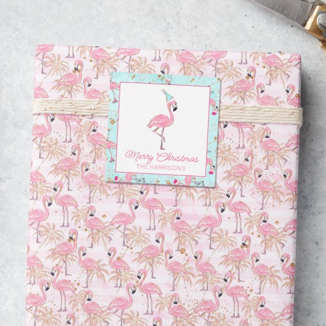 Rosa och Aqua Santa Flamingo Beach-julgåva Anteckningskort (Skapare uppladdad)