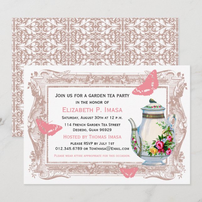 Rosa och Beige Chic Land Garden Tea Party Inbjudningar (Fram/baksida)