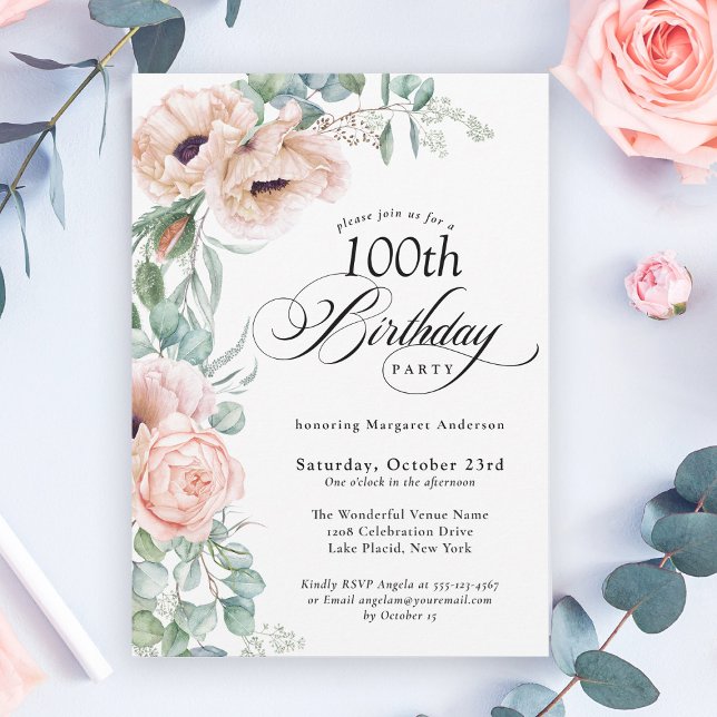 Rosa och Beige Watercolor Blommigt 100 Birthday Inbjudningar (A beautifully feminine invitation to celebrate a special 100th Birthday!
)