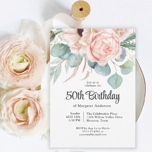 Rosa och Beige Watercolor Blommigt 50:e födelsedag Inbjudningar