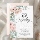 Rosa och Beige Watercolor Blommigt 60:e födelsedag Inbjudningar<br><div class="desc">Ett vackert feminin 60:e födelsedagsfest inbjudan för att fira denna speciella milstolpe, den här designen har vackra buketter av mjuka vattenfärgspopier, ro, eukalyptus och efterföljande grej i pastellskum, rosa, grönt och blå grönt. Gratulerar till hedersgästen när du charmade stil med födelsedagsskript som är skrivet i vackert kalligrafi. Anpassa textmallen med...</div>
