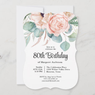Rosa och Beige Watercolor Blommigt 80:e födelsedag Inbjudningar