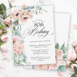 Rosa och Beige Watercolor Blommigt 80:e födelsedag Inbjudningar