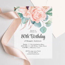 Rosa och Beige Watercolor Blommigt 80:e födelsedag Inbjudningar