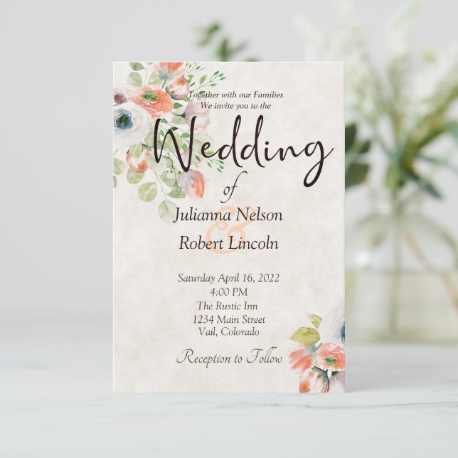 Rosa och blå akvarell blommande bröllopsinbjudan inbjudningar (Stående Fram)