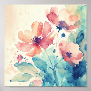 Rosa och blå akvarell blommor konst poster