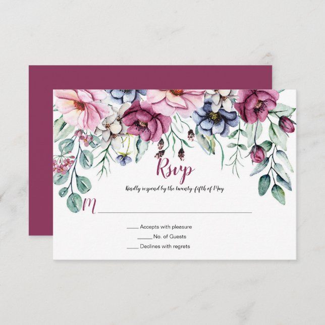 Rosa och Blå Akvarell Blommor OSA Kort (Fram/baksida)