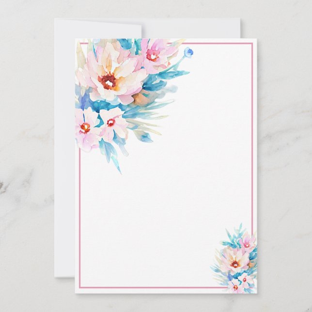 Rosa och blå akvarell blomster tom budget inbjudningar (Framsida)
