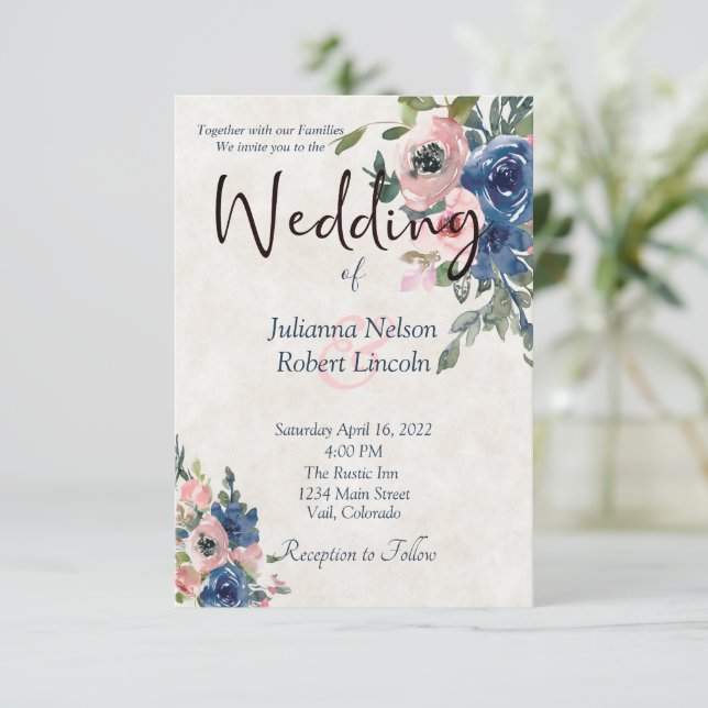 Rosa och blå akvarell blomsterbröllopsinbjudan inbjudningar (Stående Fram)