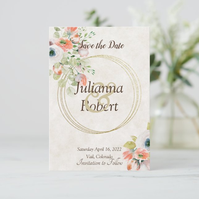 Rosa och blå akvarell blomsterlig bevara datum inb inbjudningar (Stående Fram)