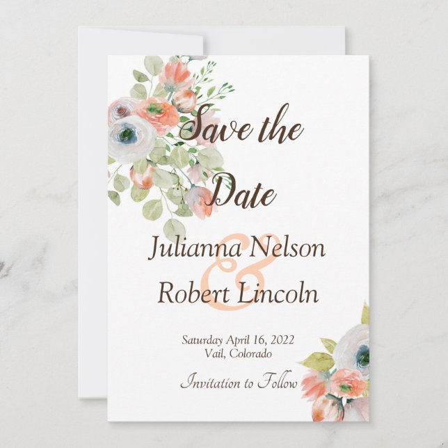 Rosa och blå akvarell blomsterlig save the date-in inbjudningar (Framsida)