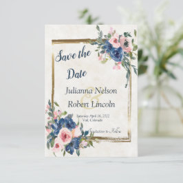 Rosa och blå akvarell blomstermotiv rädda datum in inbjudningar